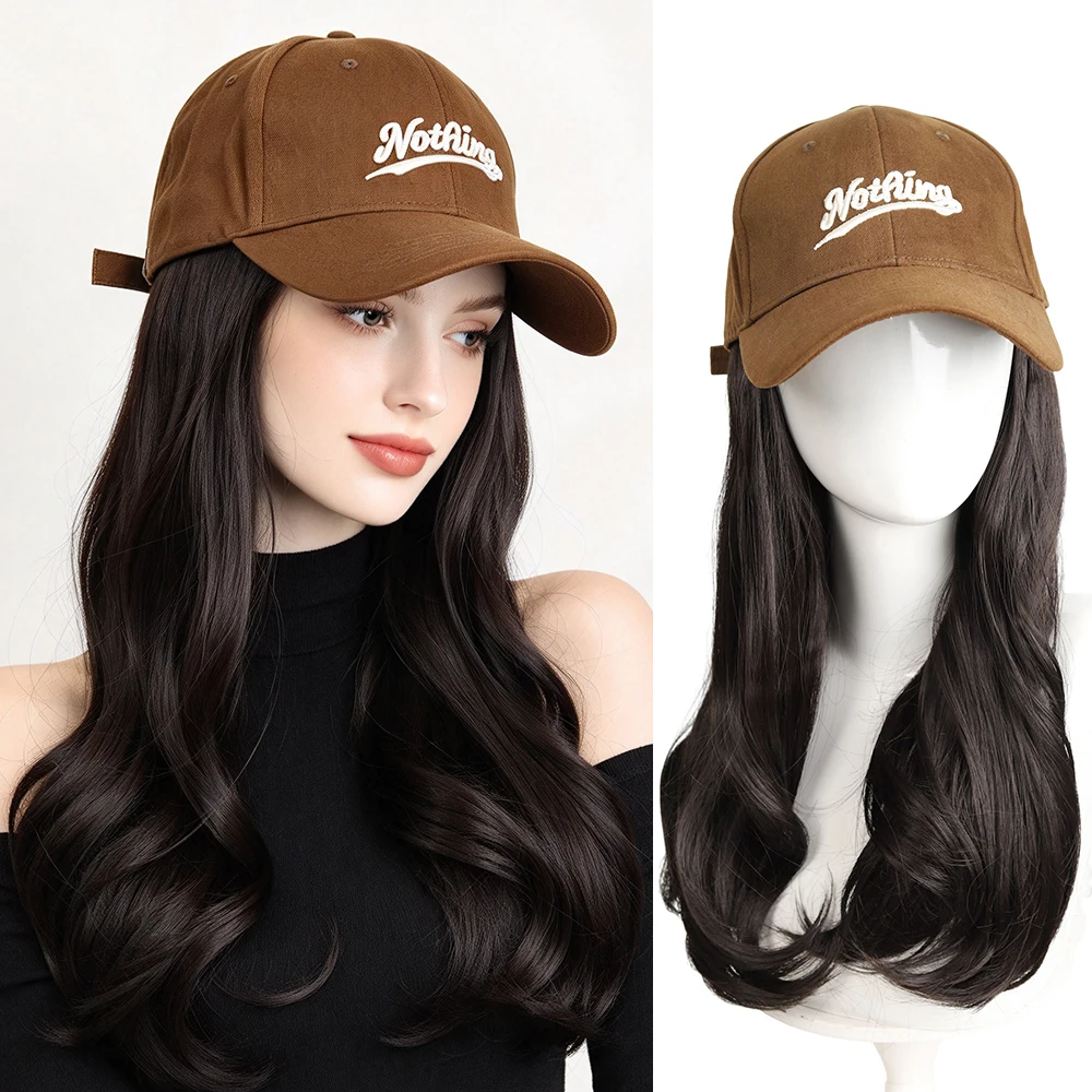 Synthetic Wavy Hat Wig Hair Extensions Hairpiece Brown Baseball Cap with Long Wavy Hair Adjustable Hat Wig for Women Daily Wear