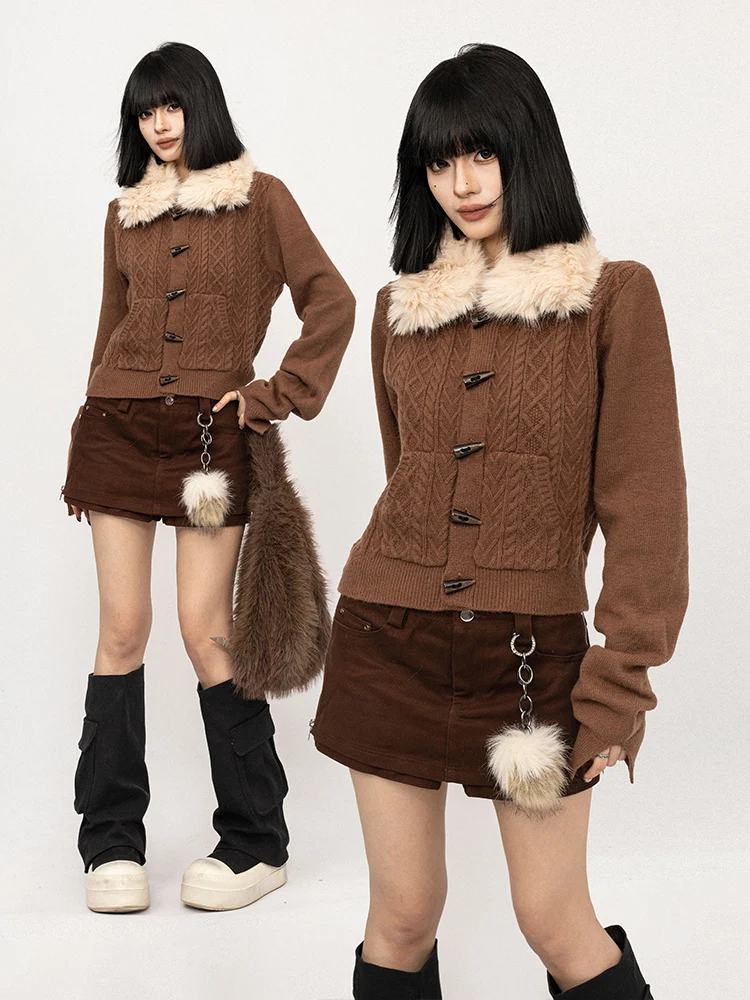 

Retro American Sle Knitted Sweater Coat for Women with Detachable Fur Collar Slim Fit Autumn Winter Outerwear Cardigan