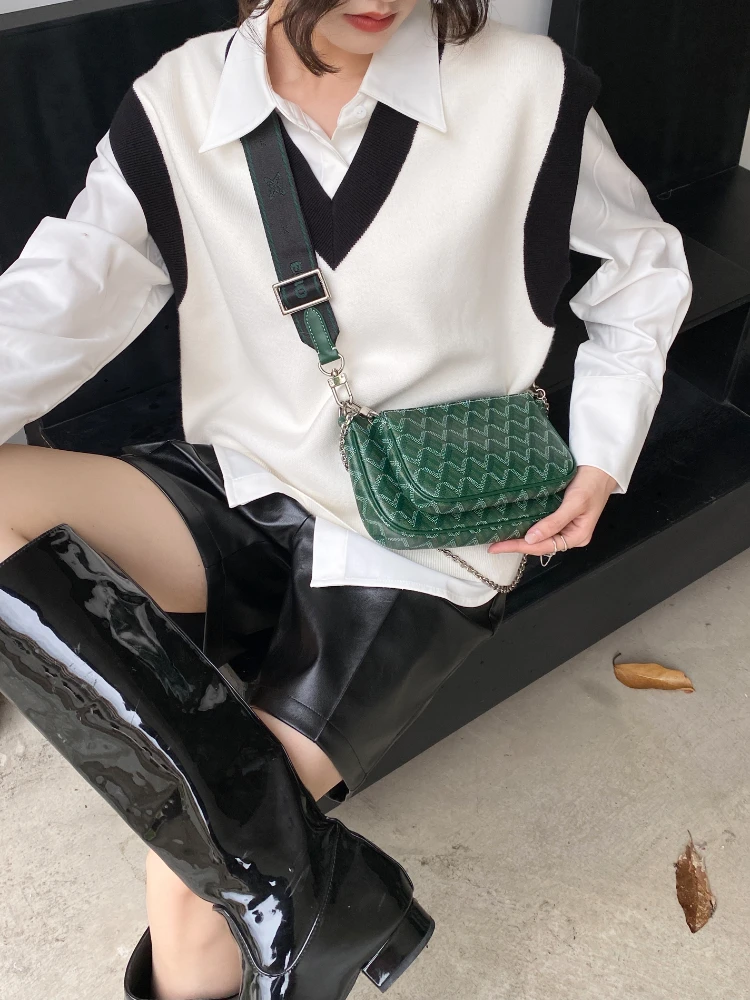 

EMO Dog Tooth Print Crossbody Bag Women's Chain Strap Woven Belt Vintage Versatile Soft Square Casual Handbag PVC Material