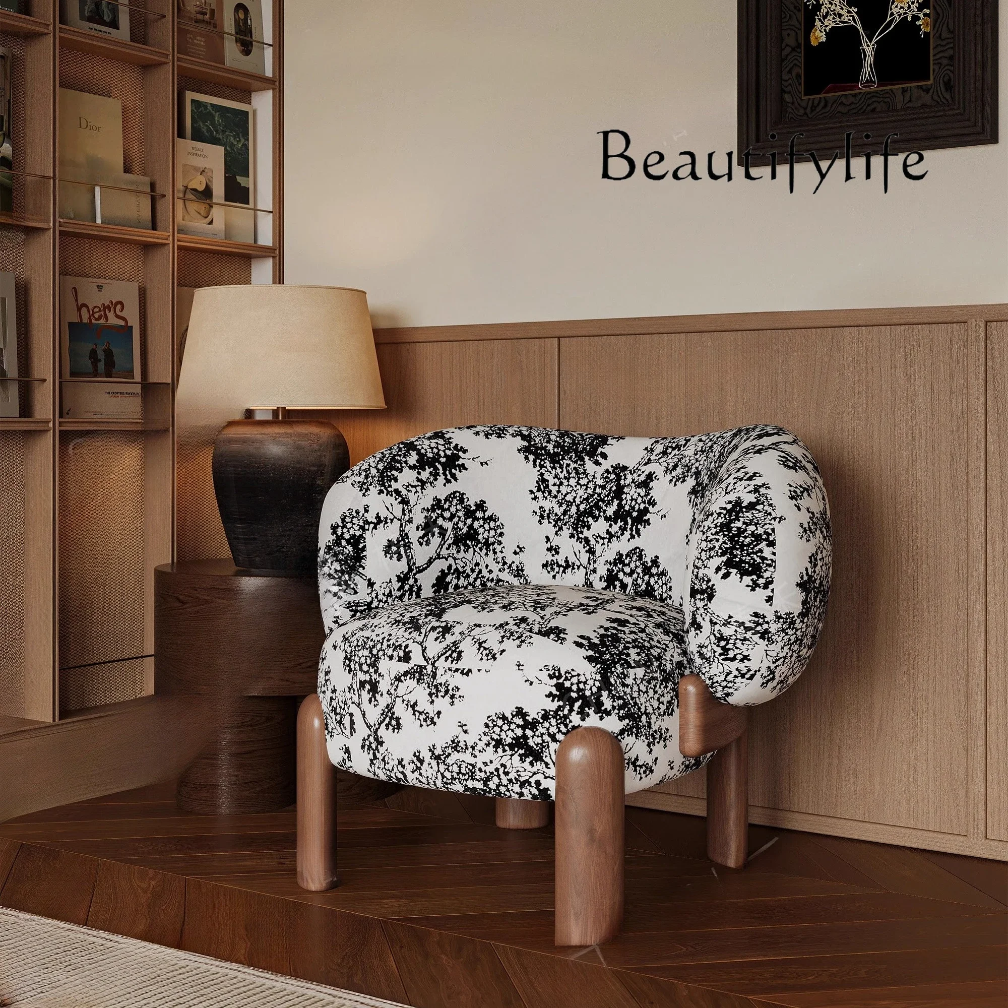 

Nordic simple solid wood lamb wool leisure chair simple modern light luxury fabric sofa chair single chair