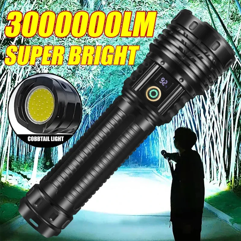 3000000LM High Power LED Flashlight 4500mah Built-in Battery Torch Ultra Bright Telescopic Zoom Powerful Lantern with Tail Light