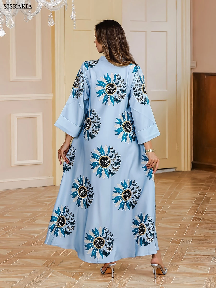 Siskakia Ramadan Dubai Floral Print Luxury Abaya  Woman Evening Dress Folds Sleeve Moroccan Caftan Woman