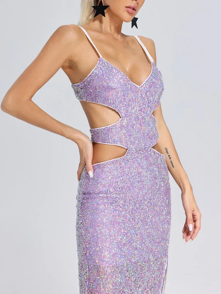 Sexy Spaghetti Strap Hollow Out Sequin Long Slim Dresses Women Lavender Sleeveless Backless Slit Slim Dresses Celebrity Club