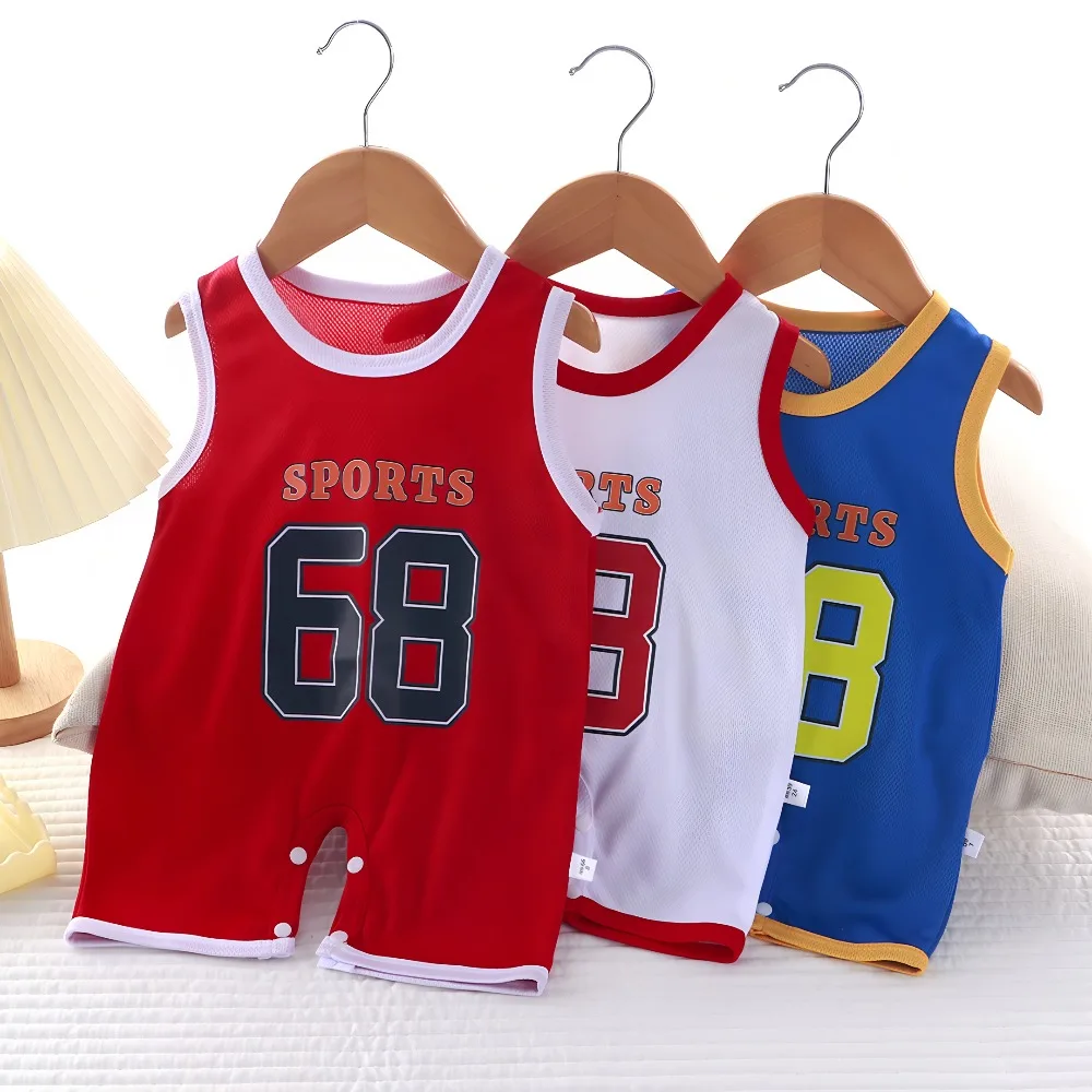Summer New Fashionable Letter Printed Sleeveless Round Neck Personalized Baby Boy Jumpsuit Breathable Mesh Comfy Toddler Rompers