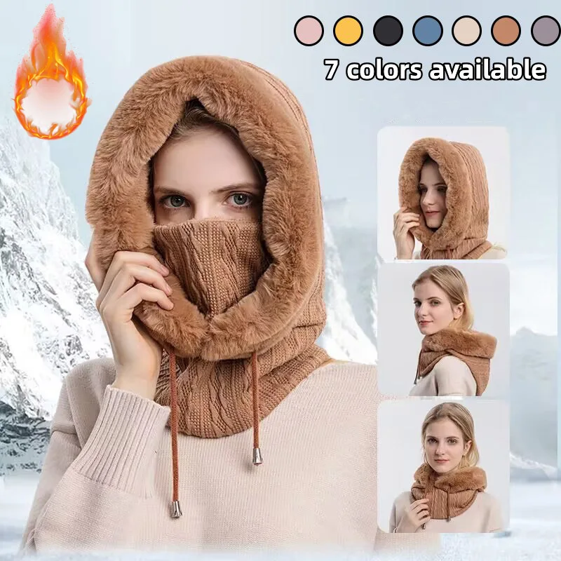 

Winter Fur Cap Mask Set Balaclava Ski Windproof Hat Plush Knitted Hat Hooded Neck Cold-proof Warmer Outdoor Hike Cycling Cap