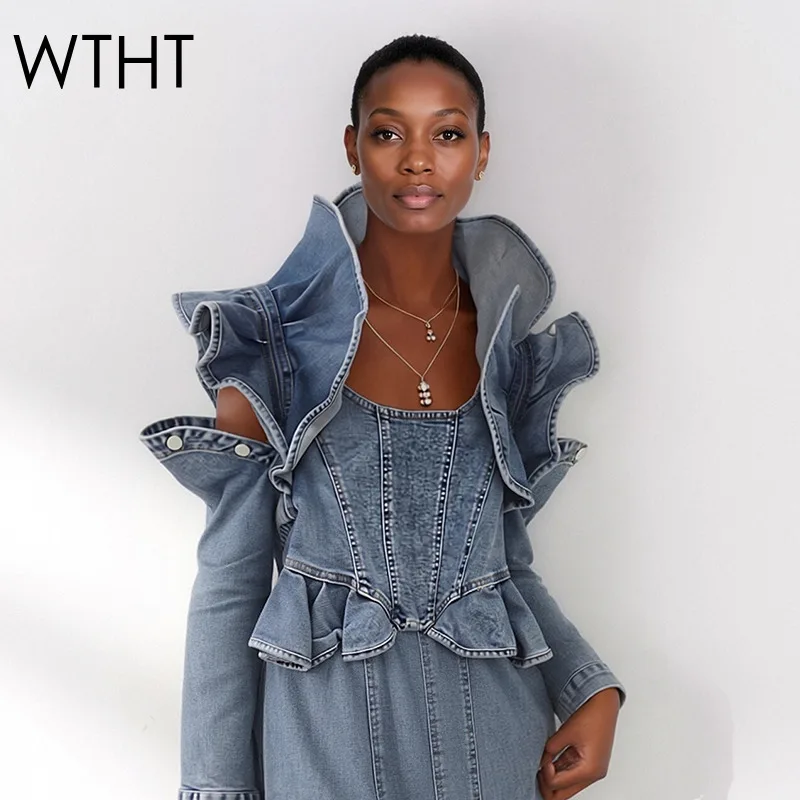 

Новые модные женские джинсовые топы WTHT с 3D-резинкой и оборками, облегающие, эластичные, весна 2026, модные, с открытыми плечами, длинными рукавами, женские, 1LS3025