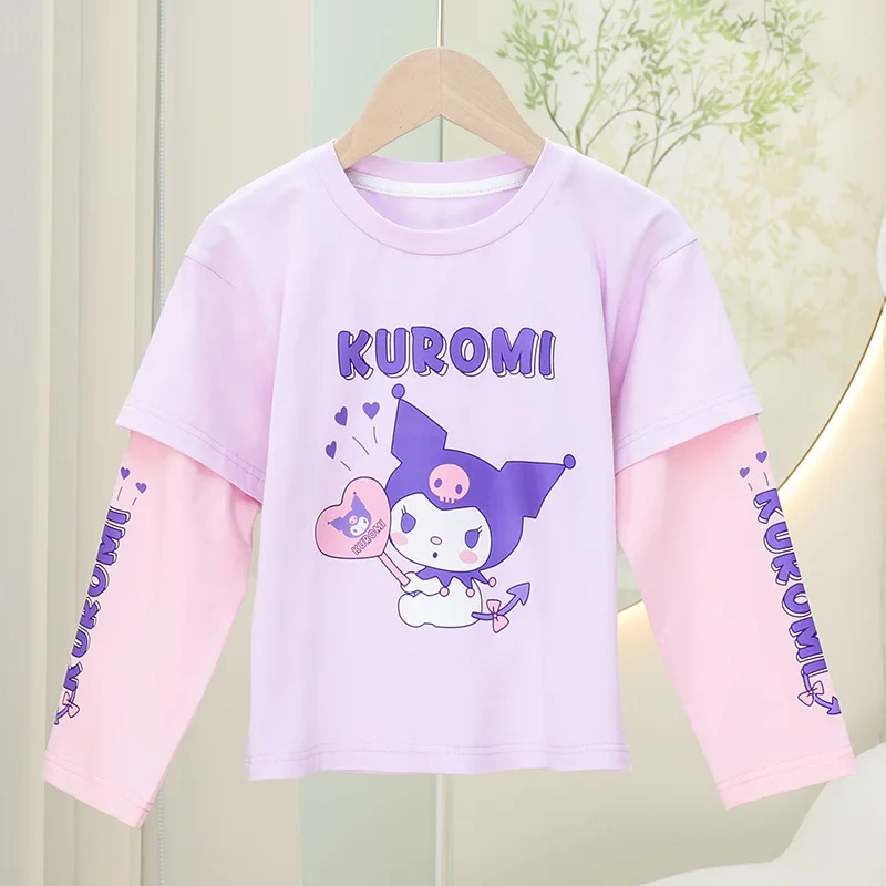 Sanrio Anime Kuromi Cinnamoroll My Melody Children Long Sleeve T-Shirt Autumn Fake Two Casual Cotton Tops Kids Clothes Girl Gift