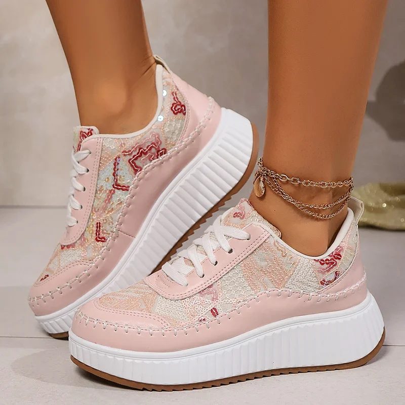 

Pop Fashion Glitter Platform Sneakers For Women 2025 Spring Lace Up Pink Sports Shoes Woman Plus Size 43 Thick Bottom Walking Sh