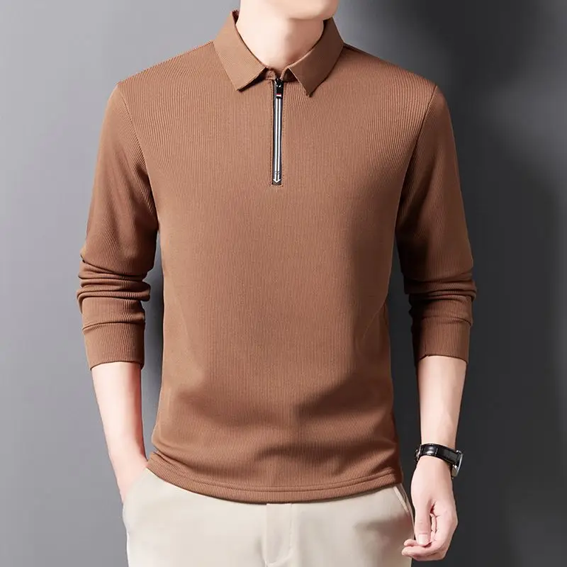 Spring Autumn Turtleneck Half Open Collar Solid Color Zipper Pullover Men's Clothing Casual Formal Polo T-shirt Fashion Tops
