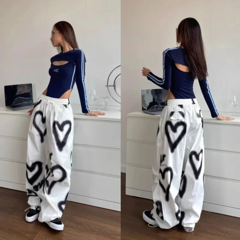 

Fashionable Love Printed Pants For Women Summer Retro Loose Waist Solid Color Wide Leg Pants High Street Loose Graffiti Y2K Pant