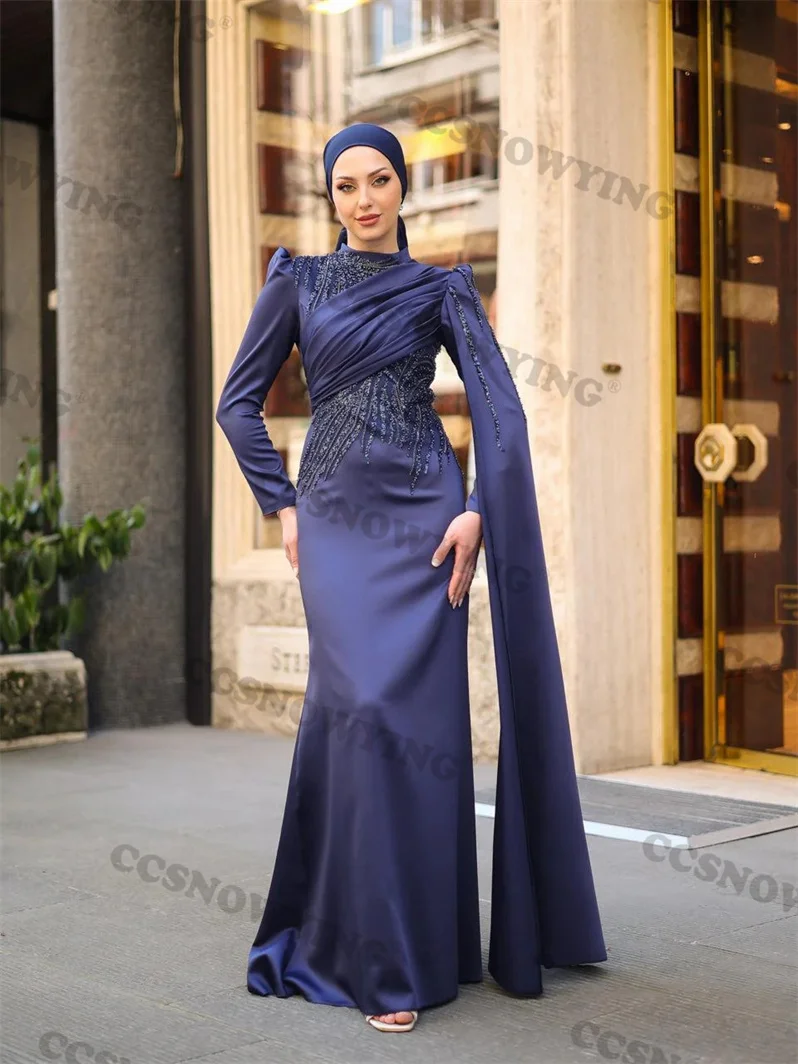 

Navy Blue Satin Appliques Beaded Muslim Evening Dresses Islamic Long Sleeve Hijab Formal Party Gown Arabic Dubai Moroccan Caftan