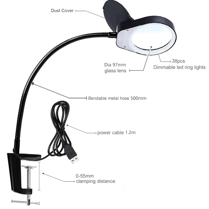 Magnifying Desk Lamp LED Magnifier 5X 10X 8X 15X Magnifying Glasses Table Clamp Lamp for Reading Soldering Repairing PCB