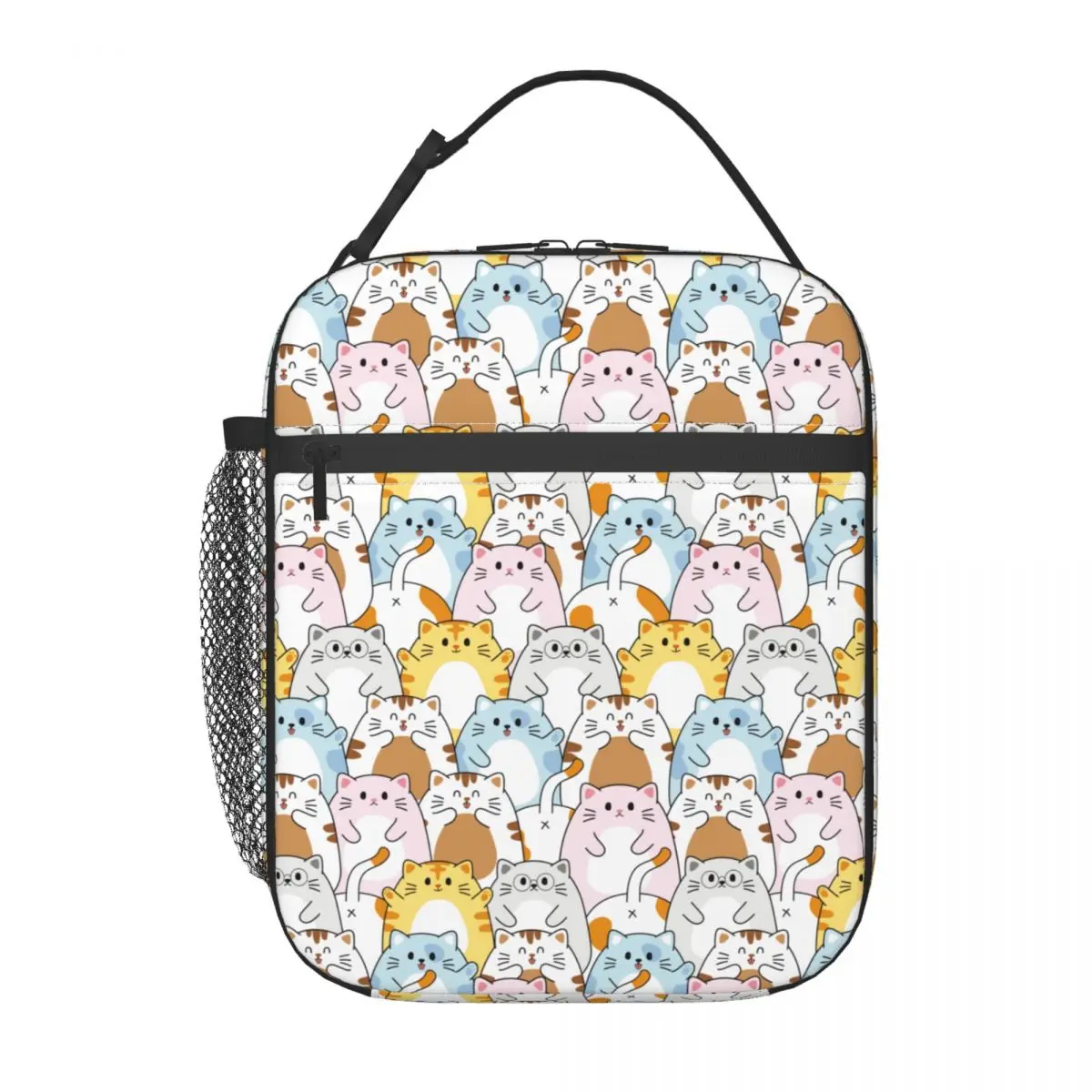 Bonito Gato Colorido Dos Desenhos Animados Isolados Lunch Bag, Kawaii Happy Meow Armazenamento Food Box, Saco Térmico, Acessórios escolares