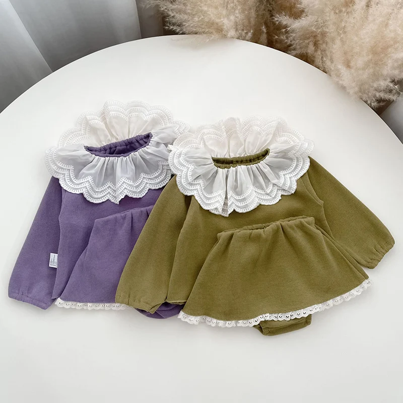 2024 New Autumn Newborn Baby Girls Clothing Set Long Sleeved Cotton Lace Patchwork Pullover+PP Shorts Children Clothes Suit