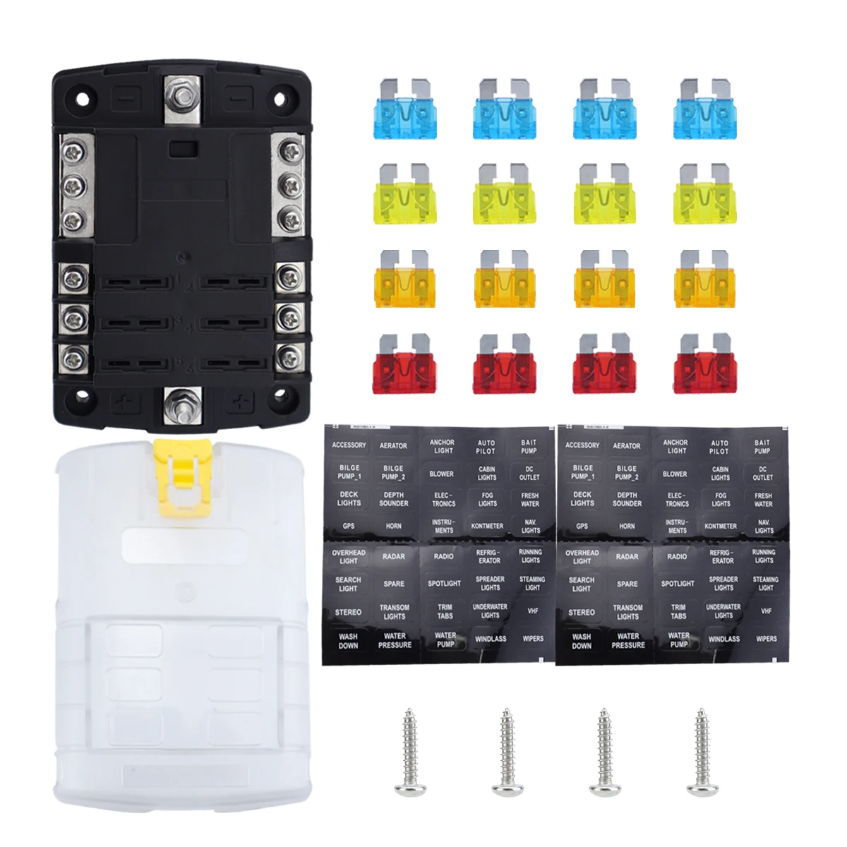 Car fuse box 1 in 6 out (with LED) indicator light, fuse box ATO multiple fuse holder, suitable for cars, trucks, ships, etc