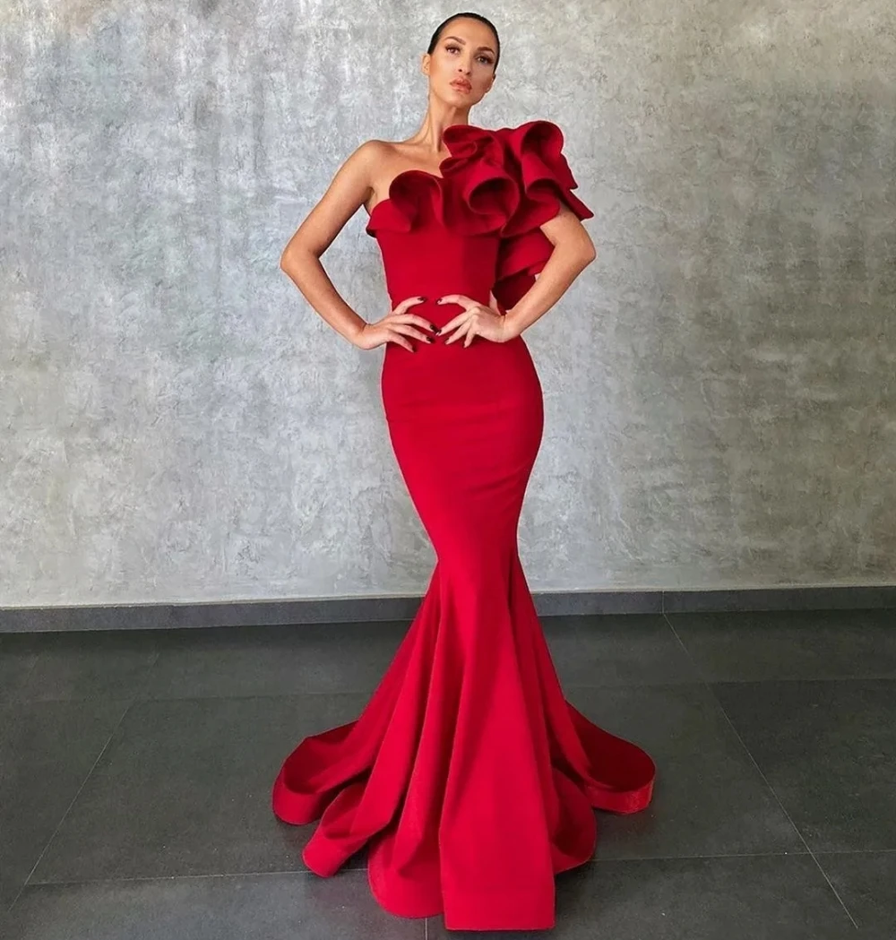 

Fashion Design Flower Ruffles Formal Party Gowns فساتين للحفلات الراقصة Elegant Red Mermaid Evening Dresses Robes De Soirée