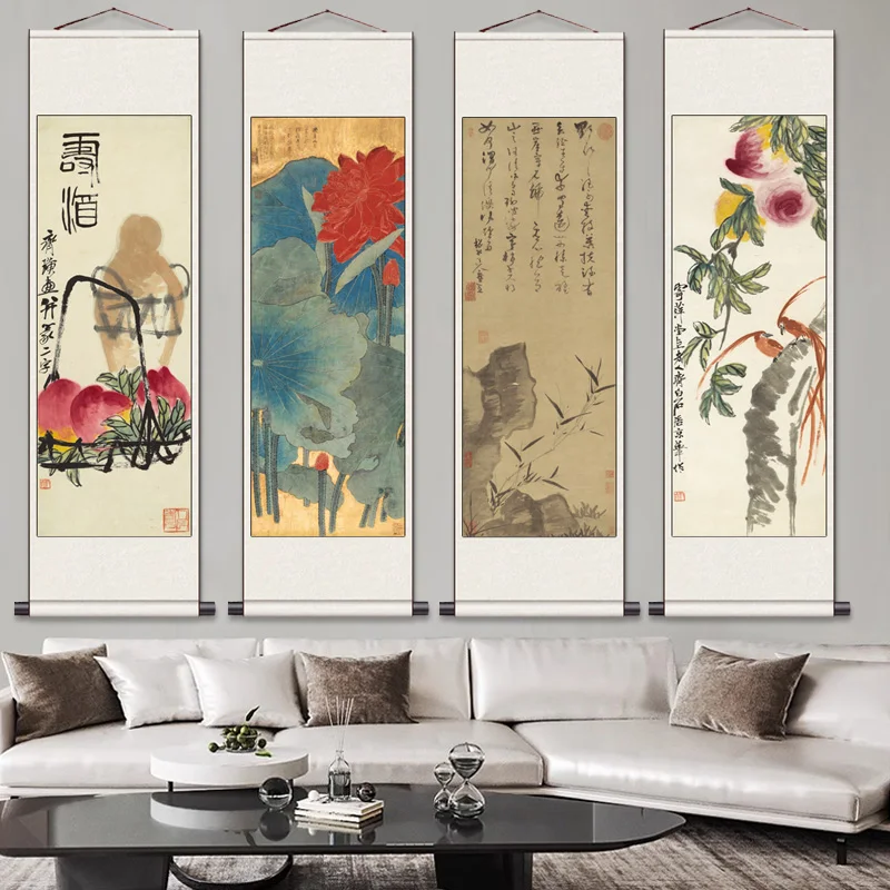 Landschaft Blume und Vogel Lotus Kalligraphie und Malerei Hotel hängen Malerei Dekoration antike Poster Leinwand Seide Geschenk