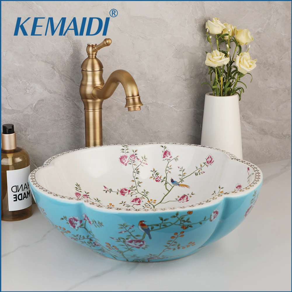 KEMAIDI Ceramic Bathroom Bar Vanity Vessel Sink Faucet Combo White and Blue Above Counter Flower Style Bowl Countertop Sink