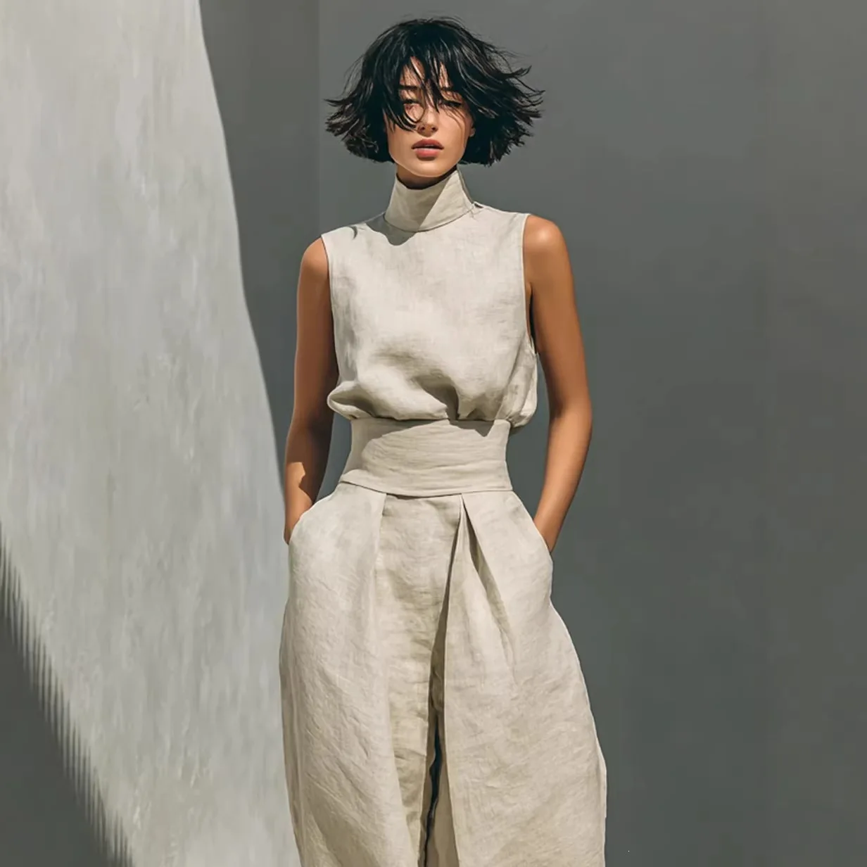 

2026 Summer New Solid Color Women's Cotton and Linen Blend Sleeveless Top and Wide Legs