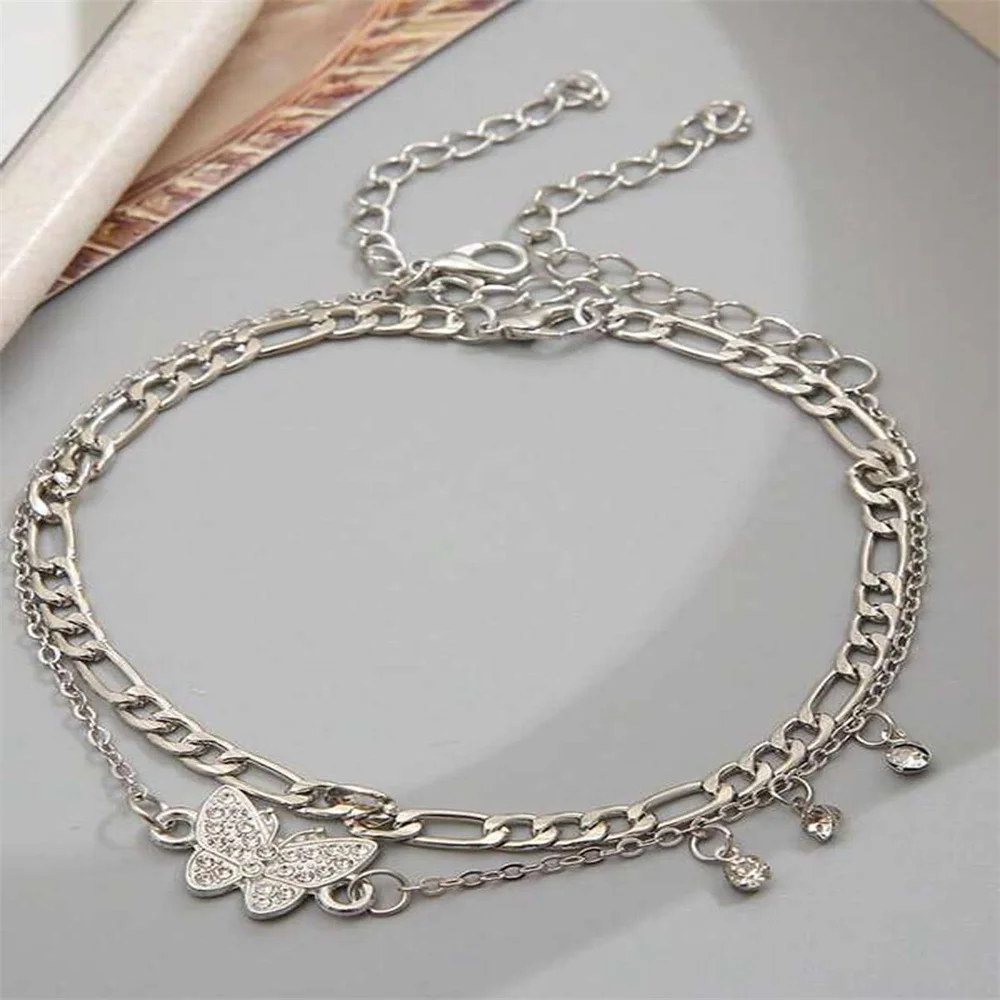 Boho Anklet Foot Chain Summer Bracelet Tassel Crystal Butterfly Pendant Charm Anklet Sandals Barefoot Beach Foot Bridal Jewelry