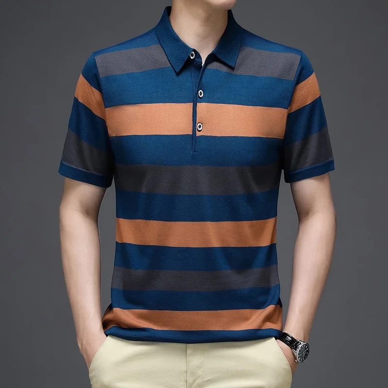 2024 Summer New Men\'s Knitted Stripe Short Sleeved POLO Shirt Comfortable and Cool Casual Fashion T-shirt