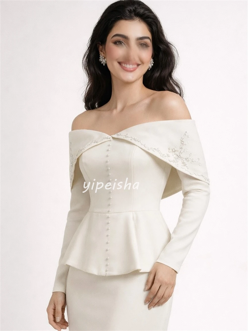 Customized Elegant Women Jersey Button Rhinestone Mermaid Evening Dresses Matching Off-the-shoulder Floor Lenght Prom Dresses