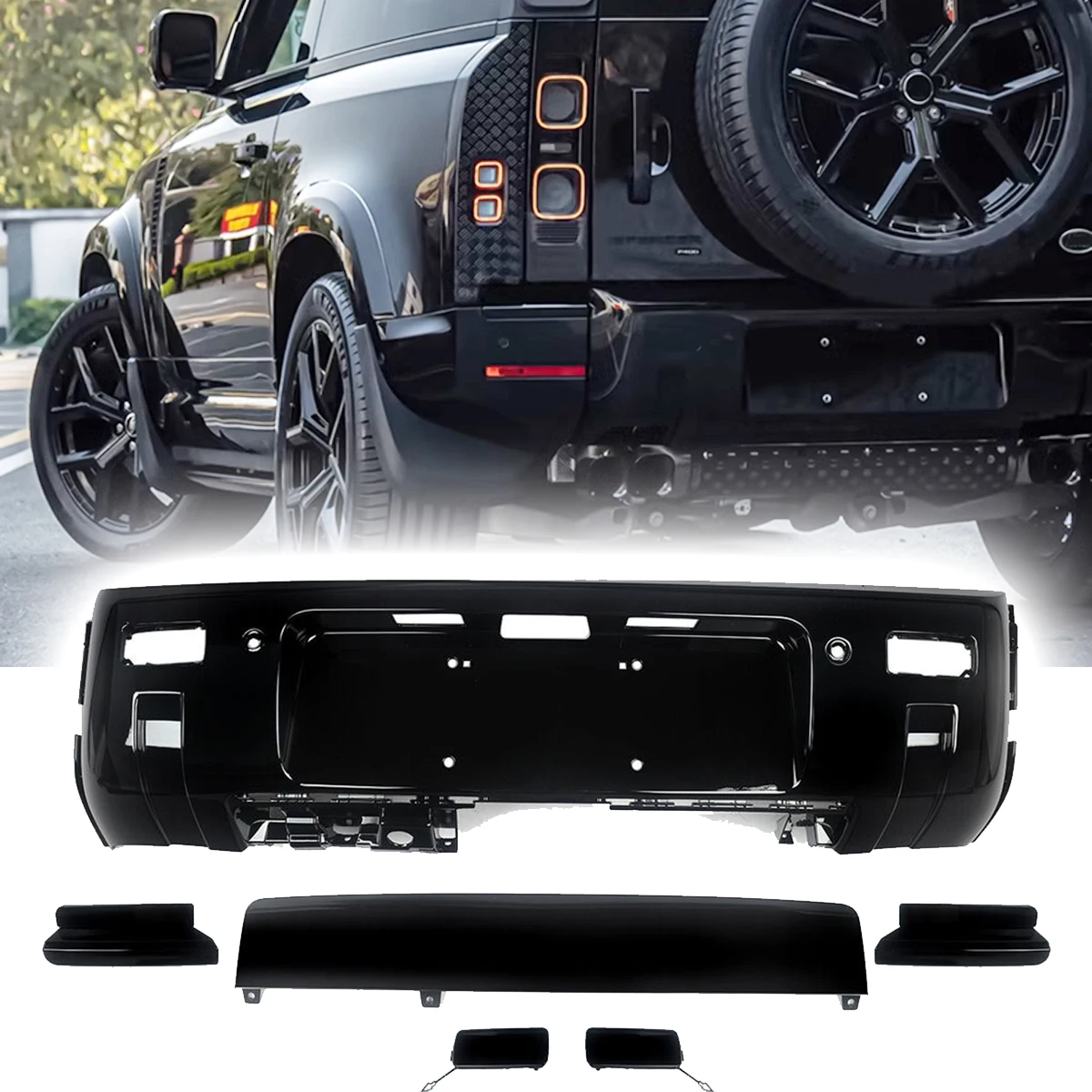 6pcs of Rear Glossy Black Body Kits Modified Rear Bumper Trims Grille Cover fits for Land Rover Defender110 90 130 2020-2024