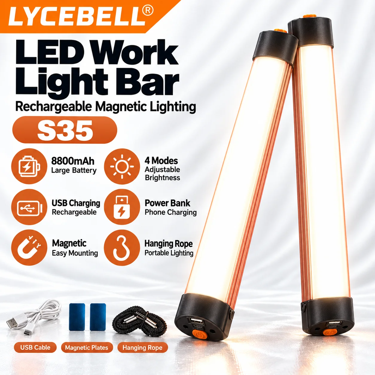HoldPeak Rechargeable LED Work Light, 8800 mAh Power Bank, USB Port, Magnetic Hook Stand, 4 Modes for Camping, Repair, Emergency