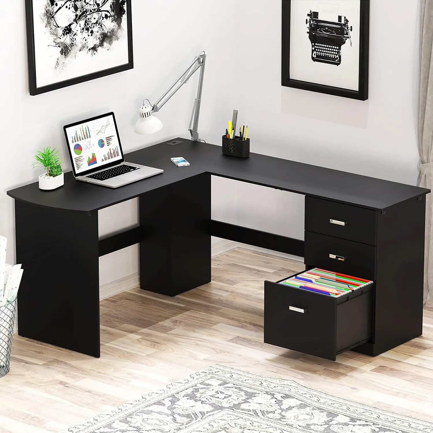 

L-Shaped Home Office Wood Corner Desk with 3 Drawers