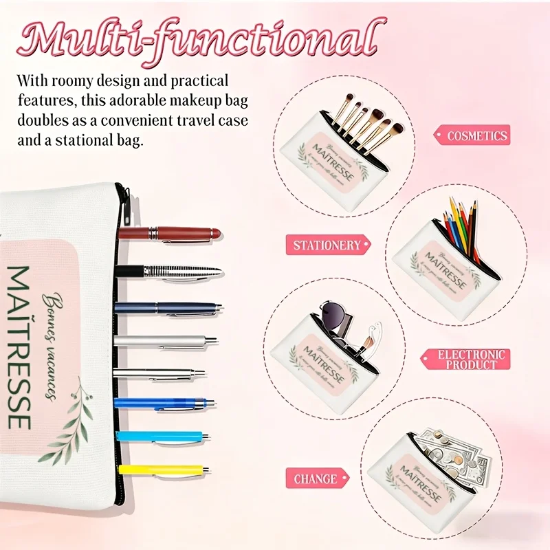 French Teacher Theme Makeup Bag Appreciation Gift Bonnes Vacances Design Thank You Gift for Educators Teacher's Gift Women 5