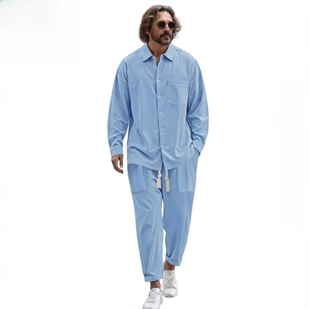 Loose Fit Men's Cotton Linen Shirt Casual Long Sleeve Long Pants Spring Autumn City Walk Suitable for Middle-Aged And Elderly
