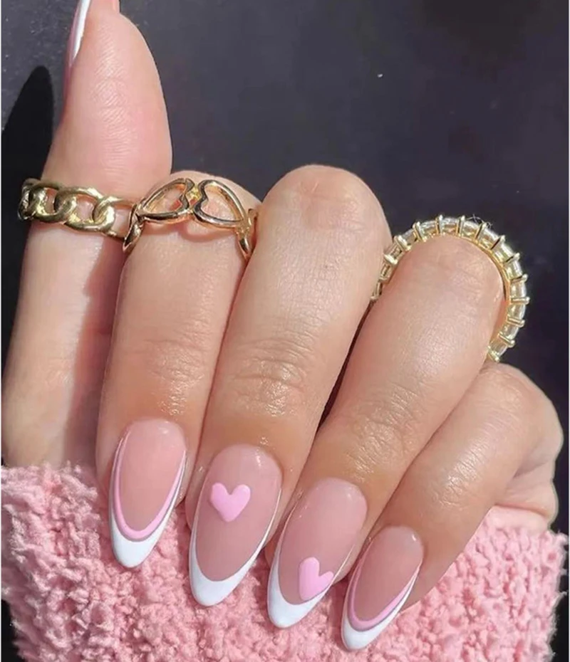 False Nail Pink Color Love Hearts White French Tips Sharp Head Fake Nail Full Cover Acrylic For Girls Fingernails