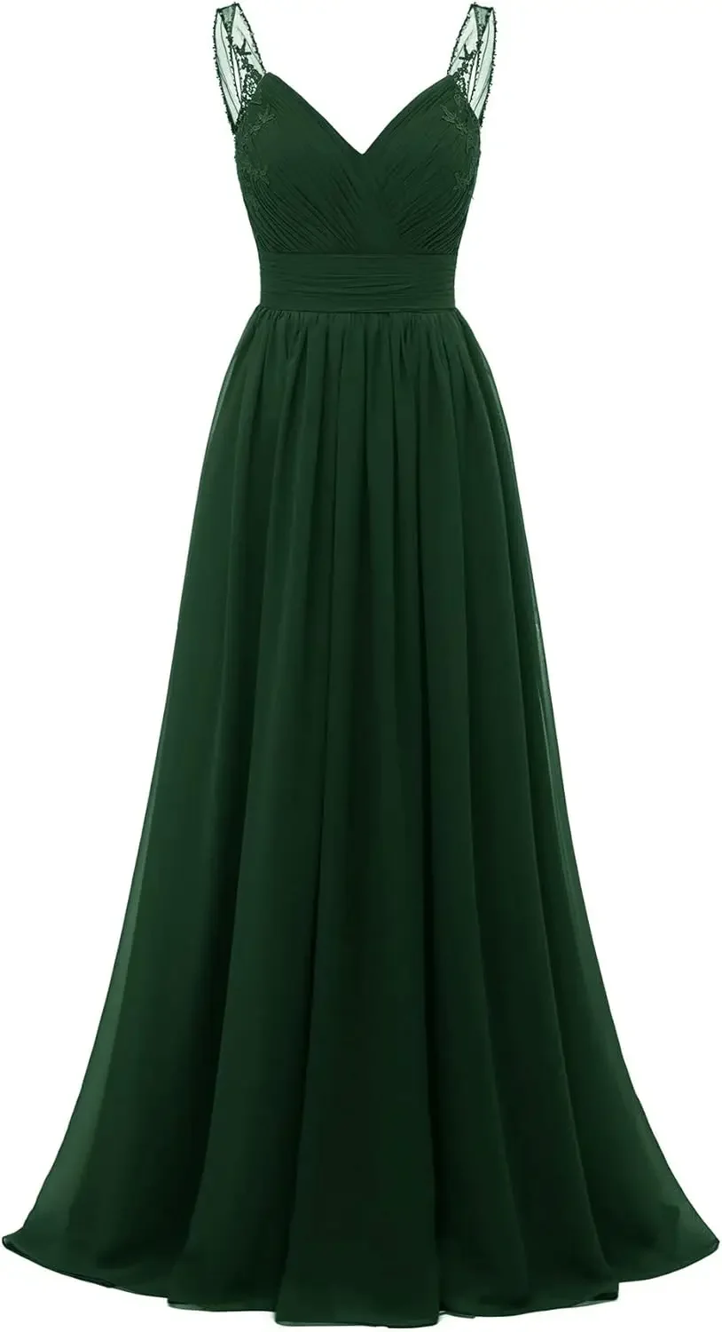 

Chiffon Lace Bridesmaid Dresses Long for Women V Neck Pleated Tulle Straps A-Line Prom Evening Wedding Fomal Gowns