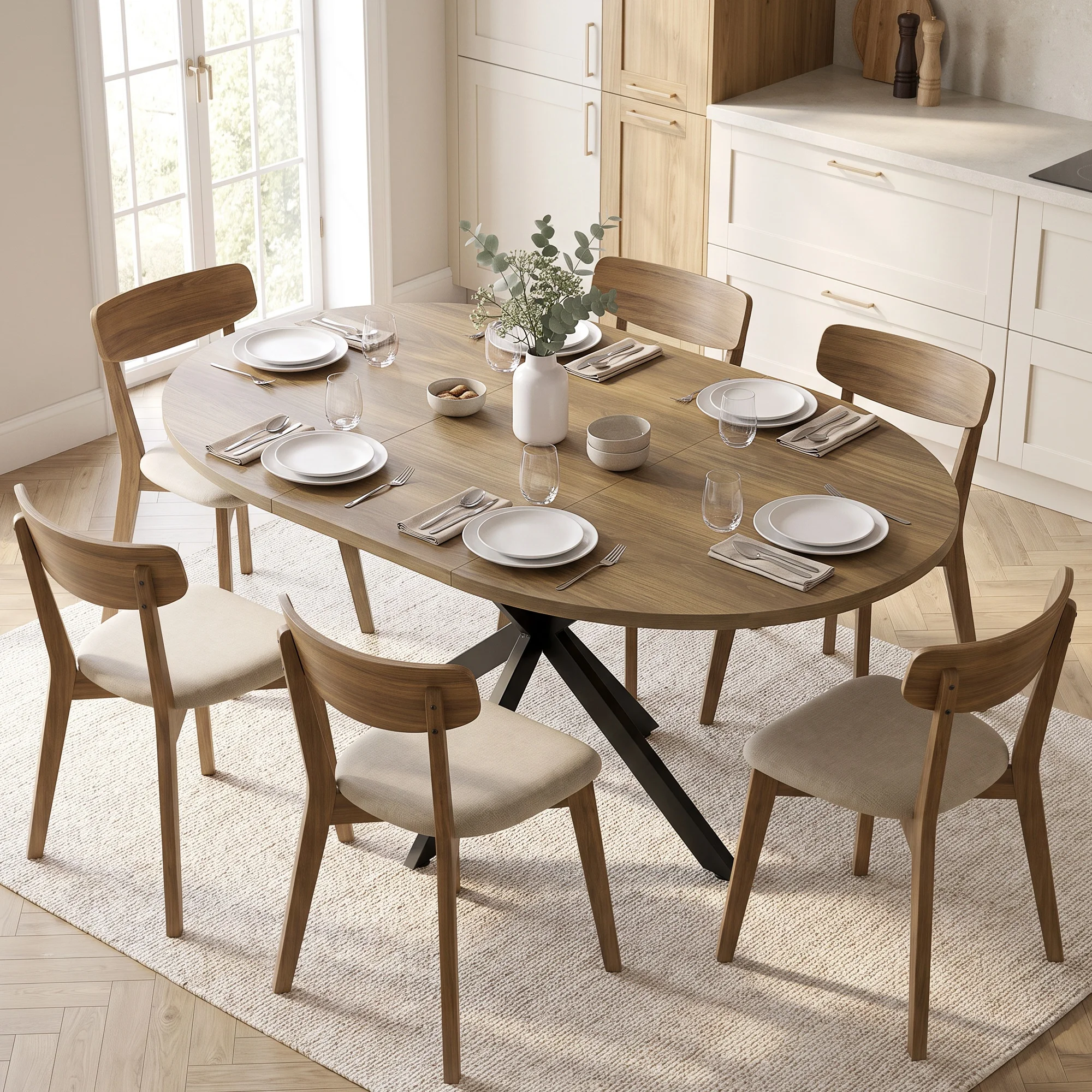 Tavolo da Pranzo Allungabile HOMCOM 100/135x100 cm per 4-6 Persone, Ovale/Rotondo, con Gambe in Acciaio, Stile Industriale, Salvaspazio, Marrone