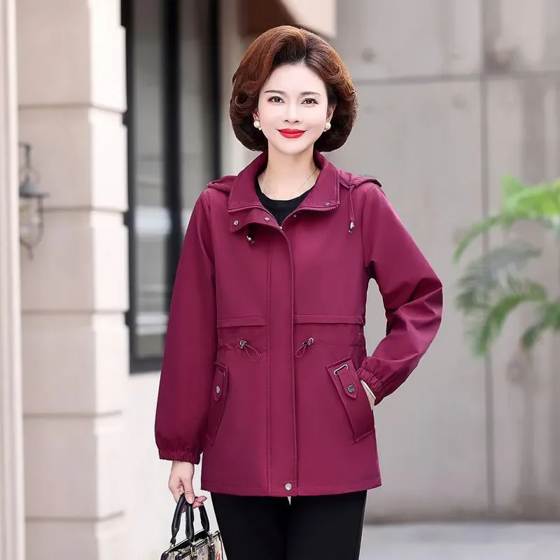 Cortavientos informal elegante para mujer, abrigo holgado de alta gama con cordones, largo medio con capucha, talla grande 5XL, primavera y otoño, novedad de 2024