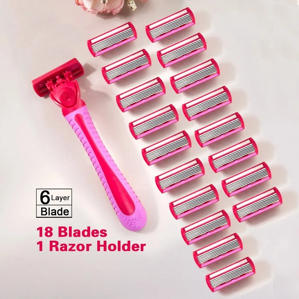Blades Replaceable Shaver Head 1 Handle + 18 Blades/ Women Manual Safety razor 6-Layer Stainless Steel Hair Removal Shaving