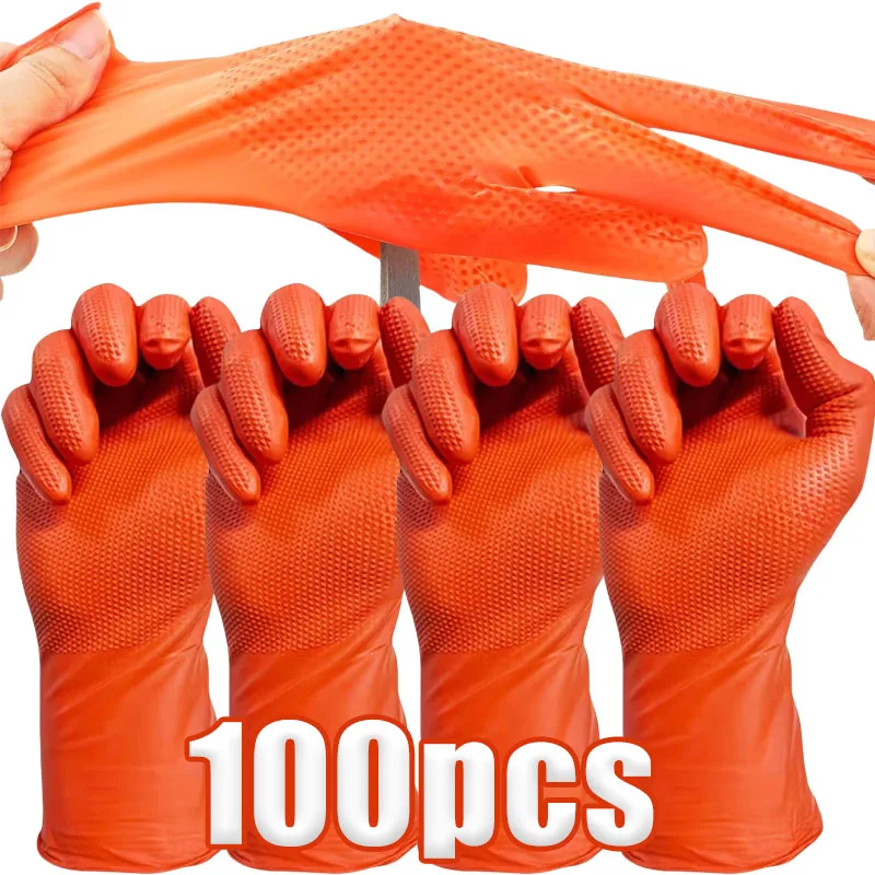 

Heavy Duty Orange Nitrile Gloves 8Mil Industrial Disposable Gloves with Diamond Textured Grip for Mechanic Safety & Work Gloves