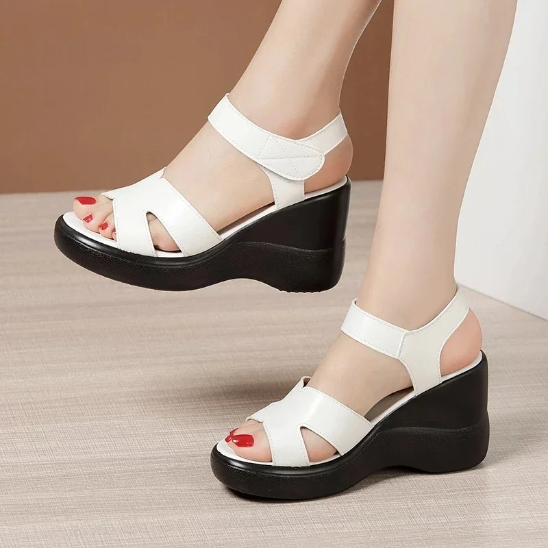 BEYARNE Wedges Heel 8cm High Heel Sandals Ladies  Summer New Platform Large Model Catwalk Red Sandals Size 32-43