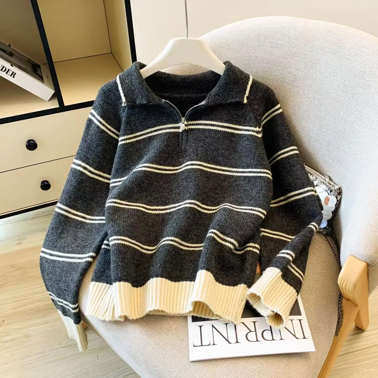 

Korean Sle Collar Striped Sweater Women's Loose Knitted Soft Warm Trendy Top for Autumn Winter Straight Cut Wool Blend