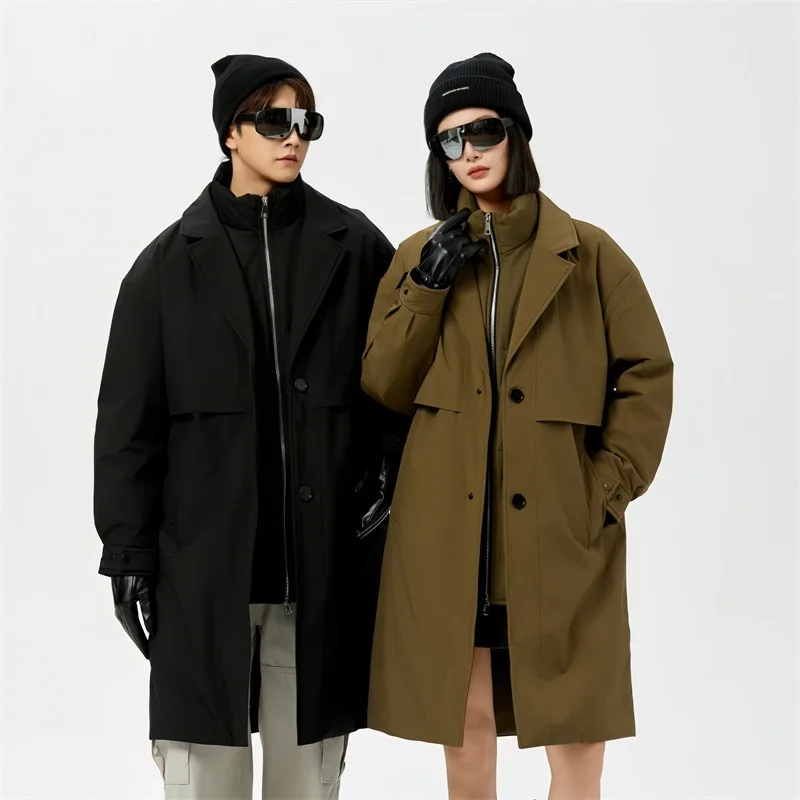 Men Trench Solid Single Breasted Coats Turn Down Collar Spliced Fake Two-piece Jacket Pockets Loose Fit  High Street 2025