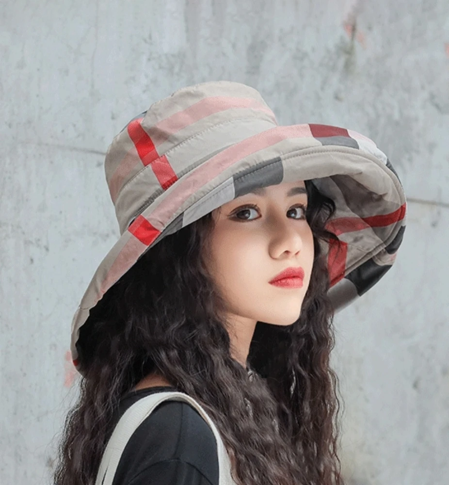 Women Summer Plaid Folding Bucket Hat for Beach Holiday Lady Spring Bowler Sun Protection Cap Classic Headgear New in Wholesale