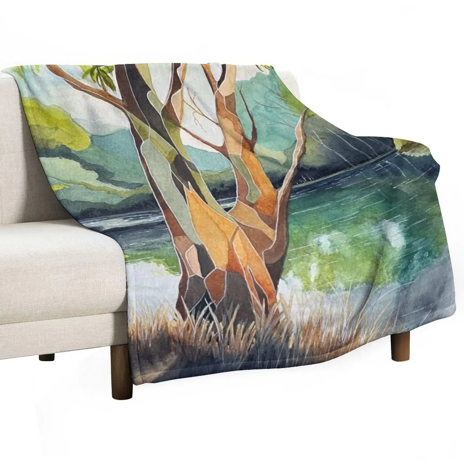Abstract watercolour of a gum tree in pretty river setting Throw Blanket Kid'S Warm Polar bed plaid Plaid Hair Blankets
