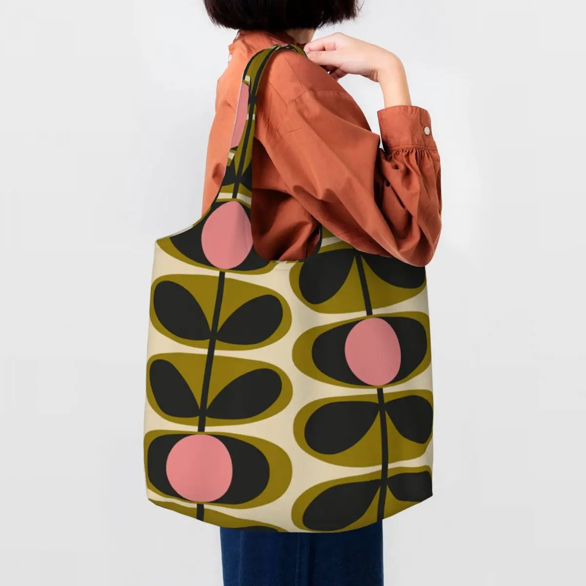 Custom Print Oval Flower Stem Olive Orla Kiely Shopping Tote Bag Reusable Grocery Canvas Shopper Shoulder Bag Photograph Handbag