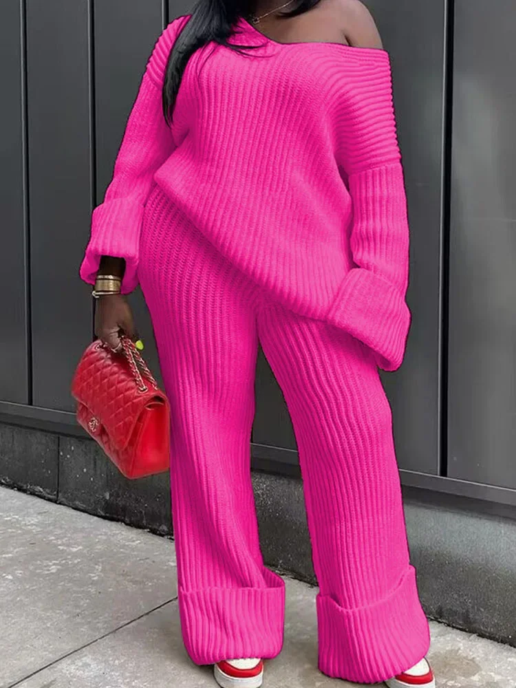 

Вязаный свитер в рубчик, одинаковые комплекты, женская одежда из двух предметов, зимняя одежда, повседневный свободный топ и широкие брюки, костюм, одежда для дома