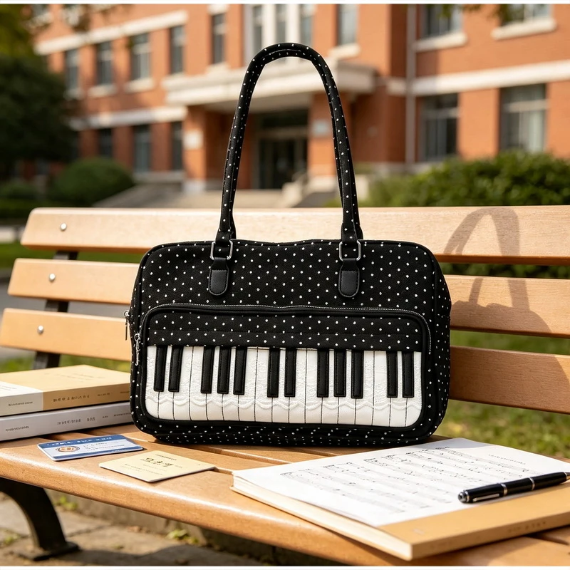  Polka Dot Piano Key Schultertasche, Damen Bowling Nylon Handtasche, Y2k Teenager Mädchen Große Kapazität Pendel- und Reisetasche, Süße Niedliche Tragetasche – Detail 11
