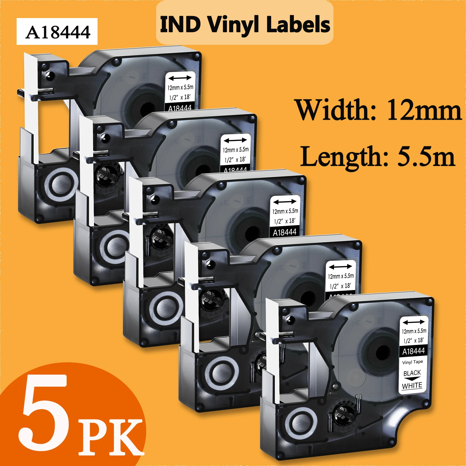 

5 PK IND Vinyl Labels 12mm 18444 Label Tape Black on White Compatible With Dymo Rhino 1000 Rhino 4200 Rhino 5200 Label Printers