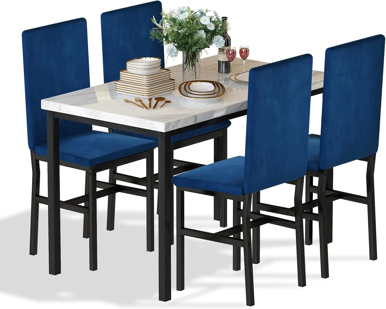 Dining Table Set for 4- Space Saving Kitchen Table and Chairs for 4, Modern Style Faux Marble Tabletop & 4 Blue Velvet Chairs fo