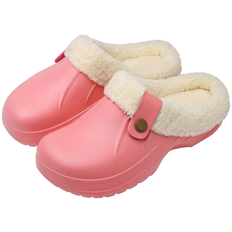 Smile Pop Fur Clogs Slippers For Women Classic Winter Waterproof House Slippers For Women With Padded Shoes EVA Garden Shoes