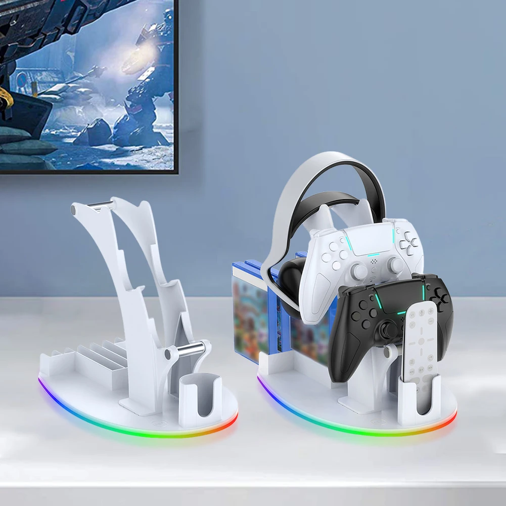 أقراص ألعاب التحكم عن بعد RGB دعامة تثبيت للتخزين مع منظم حامل سماعة الرأس وحامل عرض لجهاز PS 5 للبلاي ستيشن 5