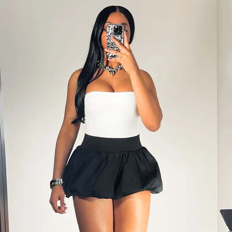 

Fashion Women Two Piece Set Solid Top And Bubble Ruched Mini Skirts Women Female Beach Vacation 2024 Summer Beach Skirt Sets